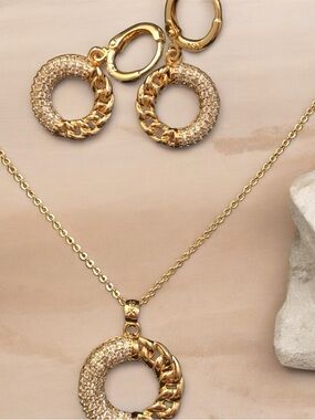 Gold Circular Pave Chain Pendant Necklace and Earrings Set